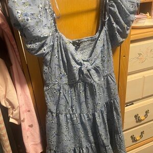 Floral Blue Midi Dress with Puff Sleeves